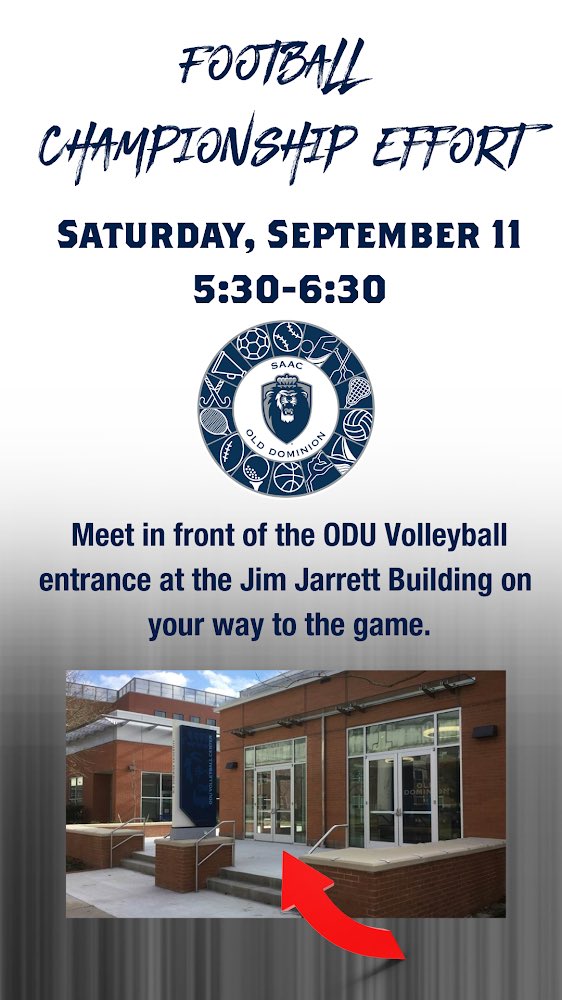 CHAMPIONSHIP EFFORT ⭐️ Student-athletes! Meet at the front of the ODU Volleyball entrance to check-in on your way to the football game! Between 5:30-6:30 PM! <a href="/ODUSports/">ODU Athletics</a> 
• #MonarchsUnited • #ChampionshipEffort •