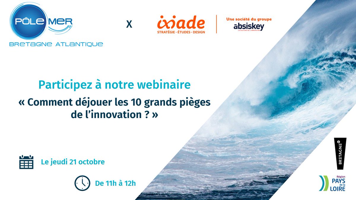 Membres du réseau <a href="/PoleMerBA/">Pôle Mer Bretagne Atlantique</a>, pour s'inscrire à notre webinaire le jeudi 21 Octobre sur le thème "Comment déjouer les 10 grands pièges de l'#innovation" c'est par ici 👉 attendee.gotowebinar.com/register/28307…

En partenariat avec <a href="/Ixiade/">Ixiade - stratégie, études, design</a> <a href="/Absiskey/">Absiskey</a> 
Venez nombreux !