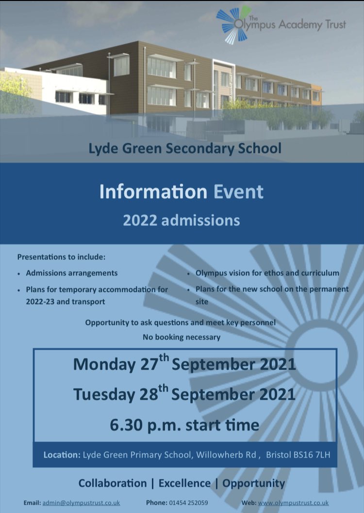 Here are details of information events for families interested in places in Y7 in September 2022 at the new <a href="/olympustrust/">Olympus Academy Trust</a> Lyde Green Secondary School. Come and hear about our plans on 27th and 28th September at 6:30pm at Lyde Green Primary School <a href="/FriendsOfLG_Sch/">LydeGreenFriends</a> <a href="/sgloscouncil/">South Glos Council</a>