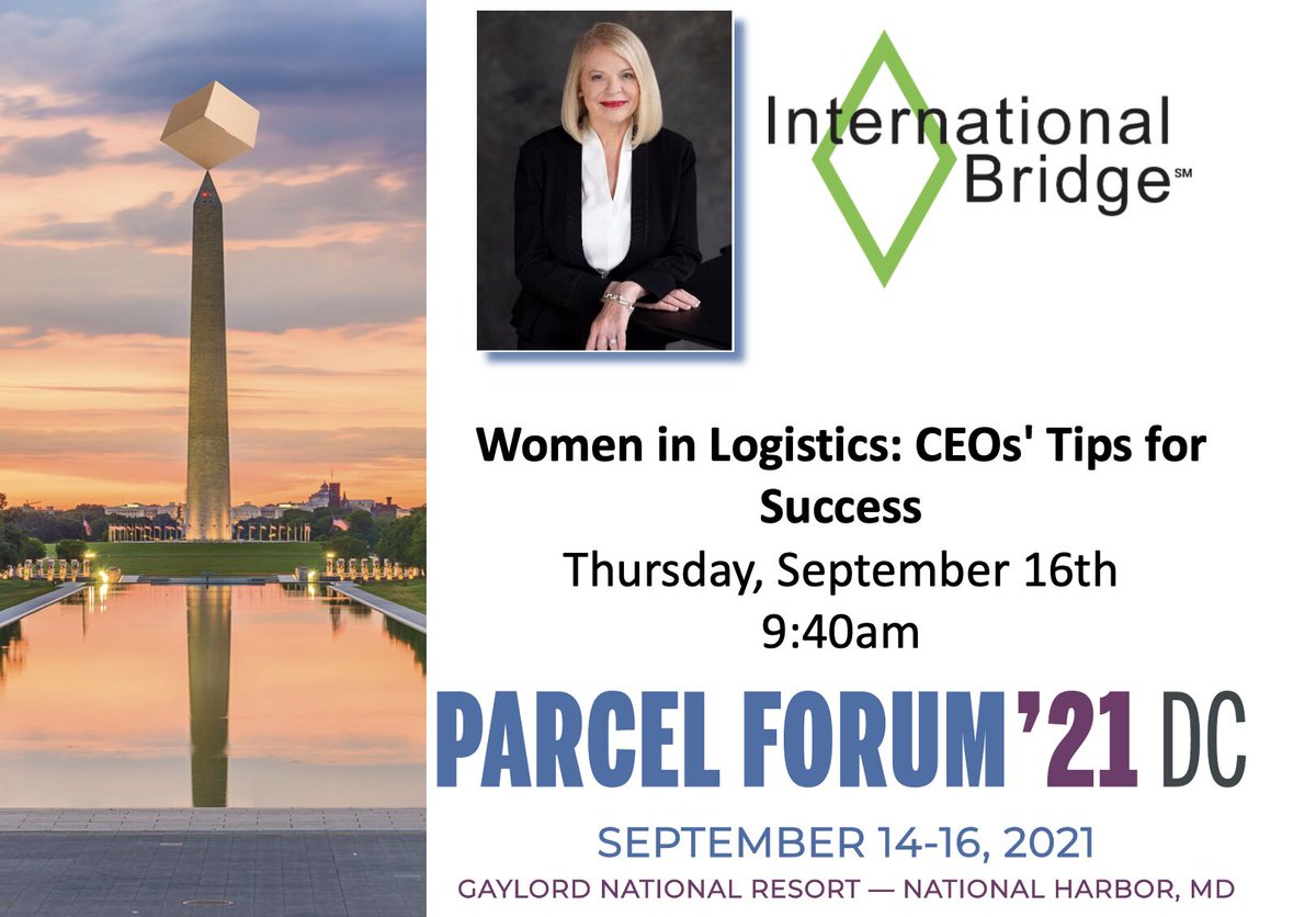 International Bridge's CEO, Shoshana Grove, will be presenting ''Women in Logistics.

Use our promo code PAR21VIP to save up to $600 to attend the industry’s #1 educational event for #B2C &amp; #B2B shippers! Register Now here >>> parcelforum.com/page/1669697/r…

#PARCEL21DC #parcelforum