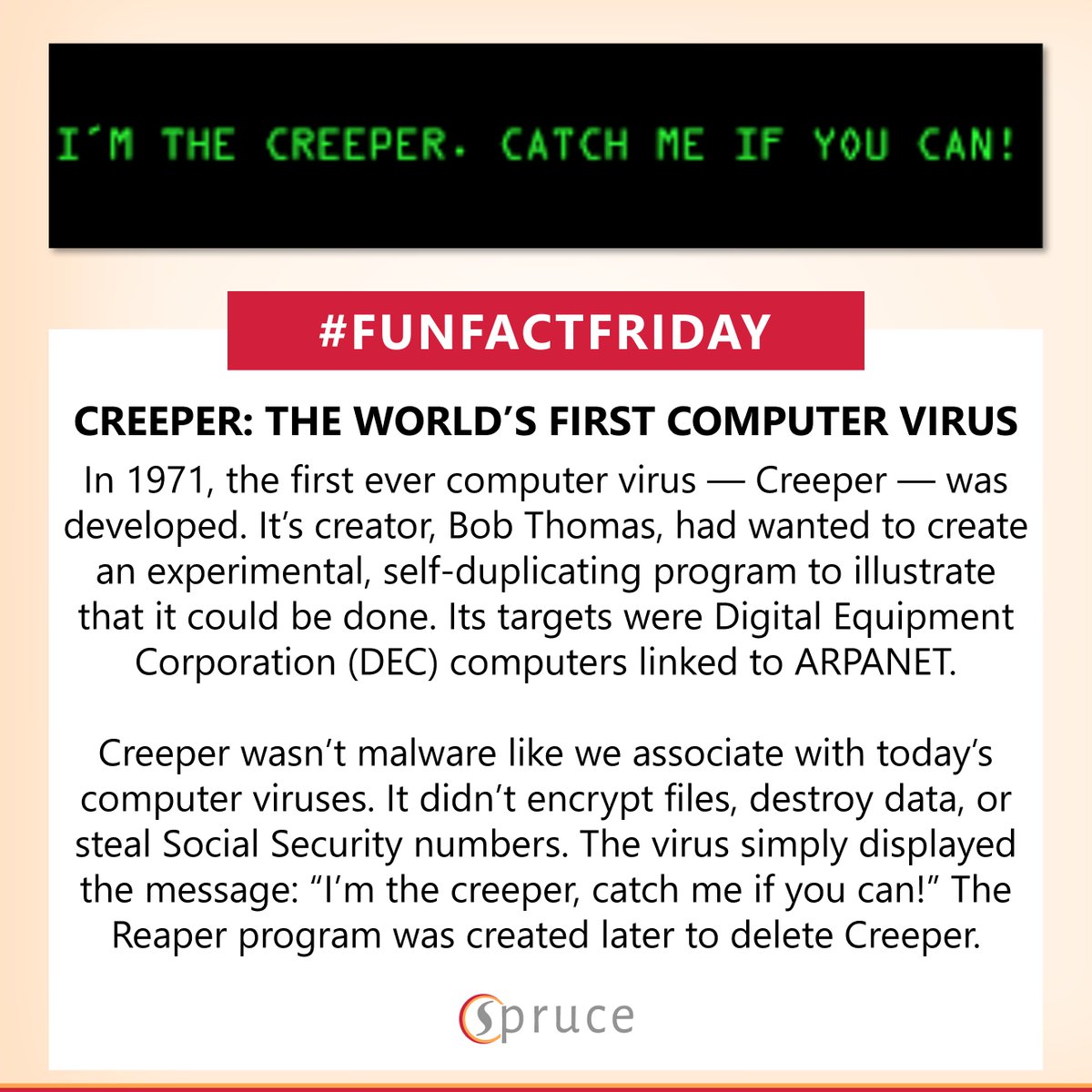 SpruceTechInc's tweet image. The #firstcomputervirus, Creeper, was created in 1971 by #BobThomas. Doing so primarily out of scientific curiosity, he had fun naming it as well. #Creeper was a green ghoul who robbed banks on the cartoon show, “Scooby Doo.” 

What was the #secondcomputervirus? 

#FunFactFriday
