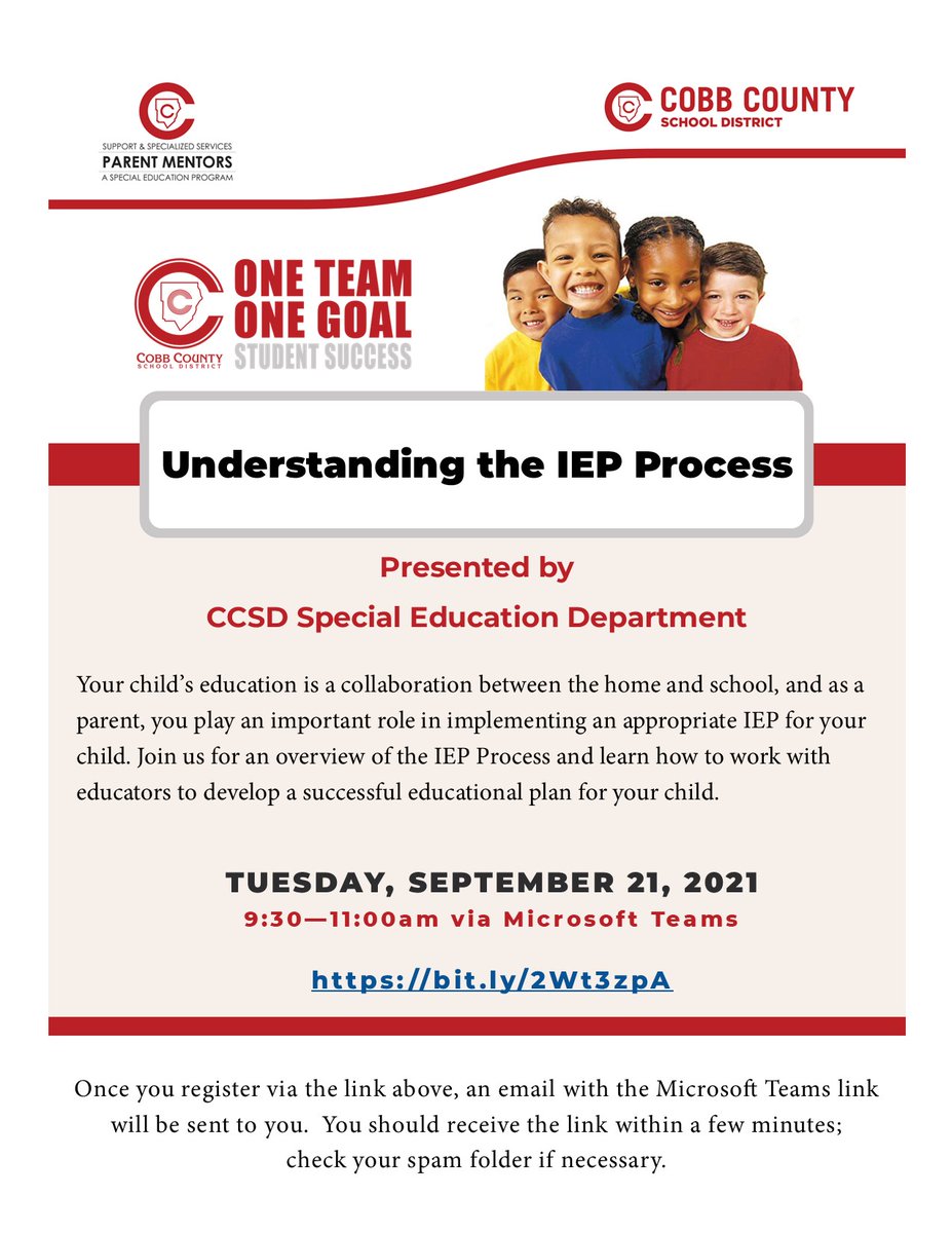 Join us for "Understanding the IEP Process" parent workshop on the morning of Tuesday, September 21, via Microsoft Teams.  Please view the flyer below for more information.  

Let us know you will attend by registering at this link:  bit.ly/2Wt3zpA