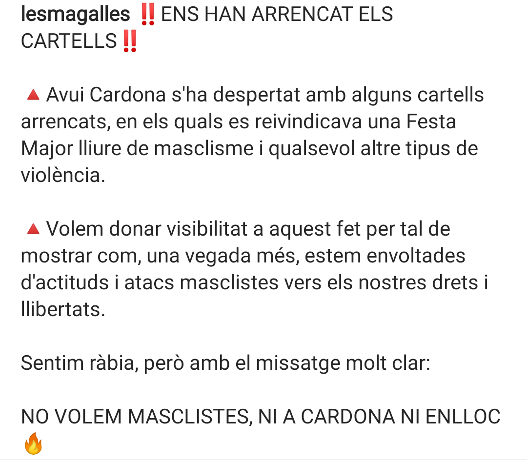 blackaddermad's tweet photo. Malauradament, Cardona no està lliure de masclisme. Això ens afecta a tots, joves i grans de qualsevol gènere o condició. Tots hem de lluitar contra aquesta xacra per tal de poder viure en una societat millor. Força @lesmagalles. #Totssomlesmagalles https://t.co/yZRivStg7d