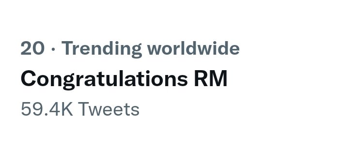 _jjkthx1's tweet photo. "Congratulations RM" is trending at #20 on Worldwide trends for achieving 25th all-kill on iTunes. https://t.co/PlYLavgwLF