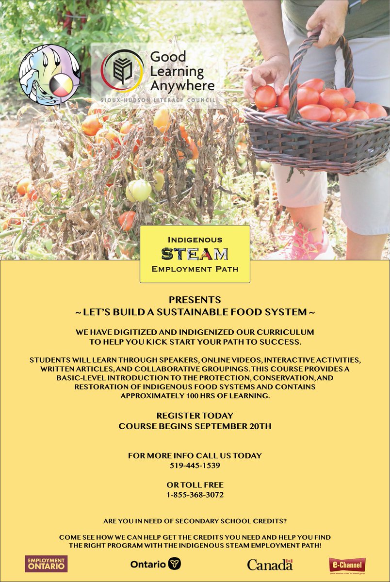 In need of Secondary School credits? The "Let's Build a Sustainable Food System" course begins Sept. 20. Contact our office for more information on how to register! 
<a href="/shlc_gla/">GoodLearningAnywhere</a> #literacy #secondaryeducation #buildingasustainablefoodsystem #indigenouslearners