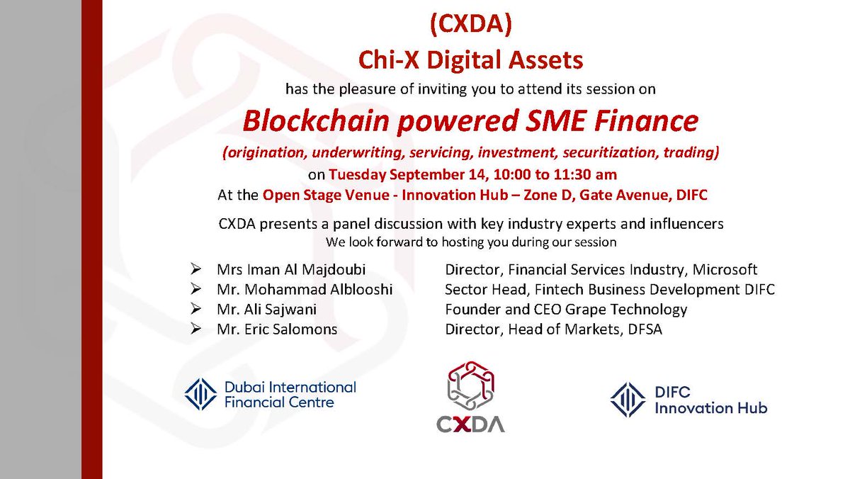 lhediah's tweet photo. Join us at the DIFC Blockchain Week September 12 to 16 for an exciting discussion of how blockchain can empower SME finance solutions. https://t.co/blZCrkBB3A