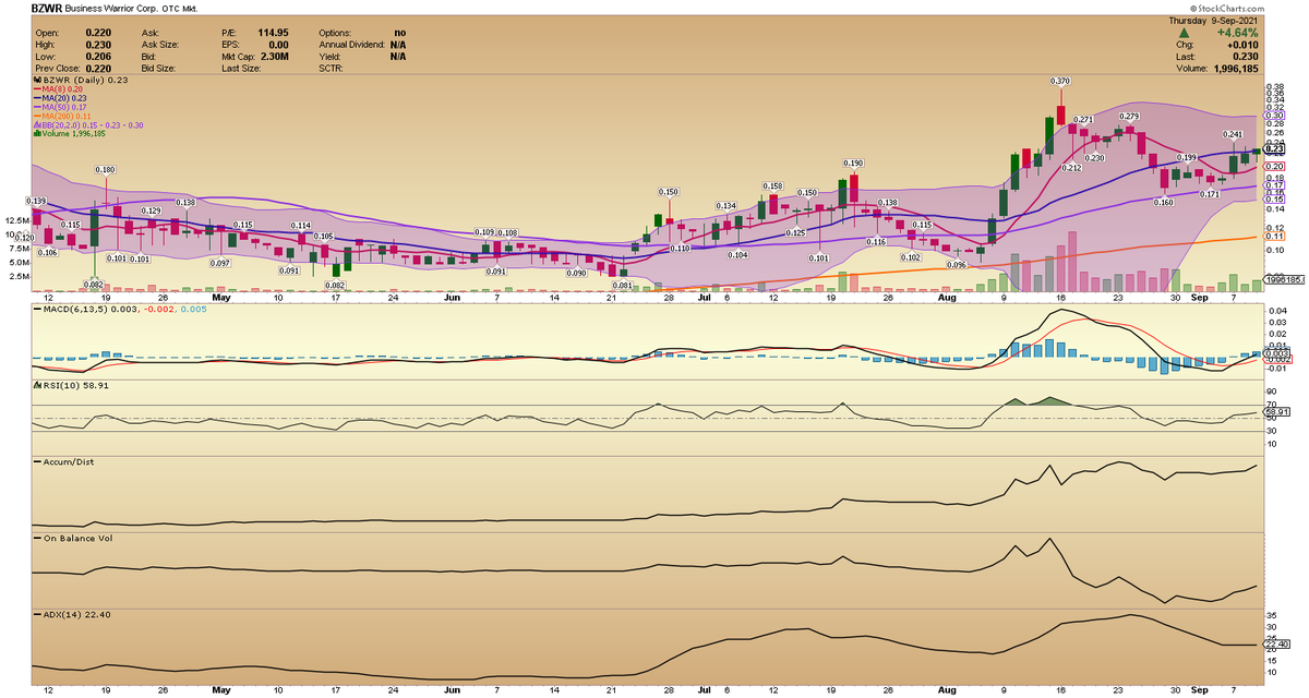 RayTMorris's tweet photo. $BZWR closed above the important 20 SMA yesterday at .23 after 4 straight green days.  MACD, RSI, Accumulation, OBV all trending higher.  Very little resistance on the way back over .30.  With a big announcement on the way, I expect this trend to continue. https://t.co/DADgD0XIJd