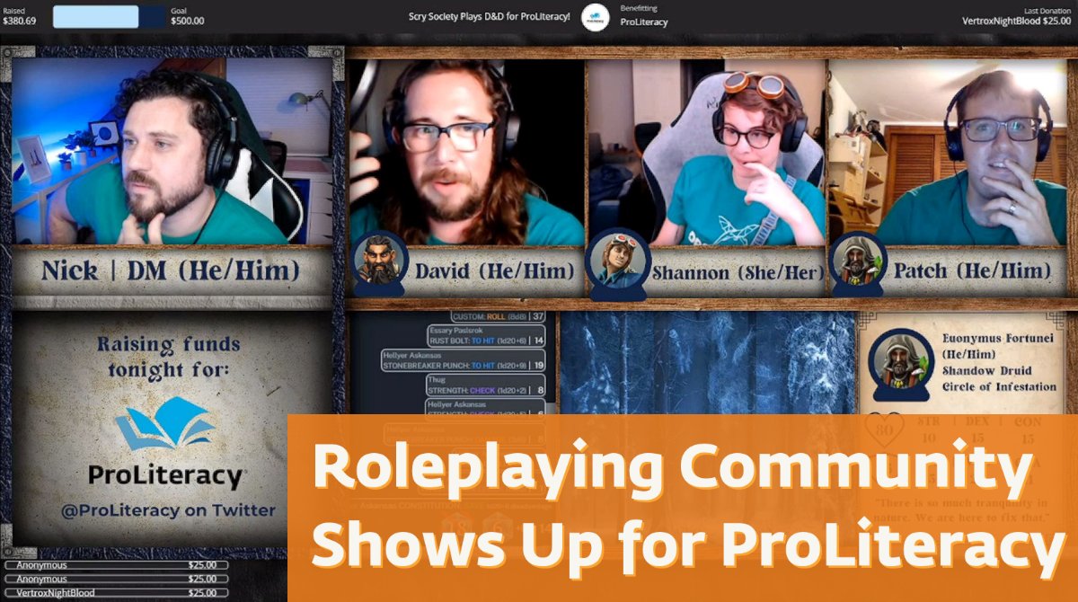 🔮🎲 A huge thank you to @ScrySociety for supporting ProLiteracy during its recent Dungeons and Dragons charity stream! 
Read more about this: hubs.la/H0WYJzQ0
@Patchster0730 <a href="/sroby25/">Shannon Roby, Nerd Mama</a> <a href="/davidtilstra/">David Tilstra ➡️ MagicCon Chicago</a>
#AdultLiteracy #AdultEd #AdultEdu #dyslexia