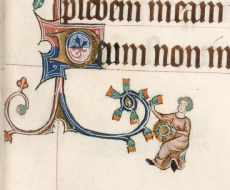 NataniaBarron's tweet photo. I usually share weird marginalia, but here is a fun one. A woman (with a cool netted hairdo) is picking orange flowers to make an arrangement from the floral motif on the manuscript itself!
So meta. So whimsical. <3
From the Gorleston Psalter, again. 1310-1324. #medievalthings https://t.co/l4Z9INpqJC