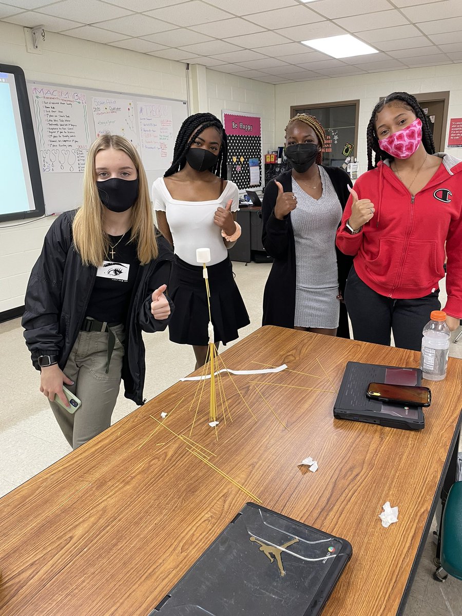 Color_Me_Crazee's tweet photo. The Marshmallow Challenge was going down in Cos 1. The tallest tower was 18.5 inches tall. #BoldlyGoing #NewHorizonsCTE https://t.co/MwId9F70iW