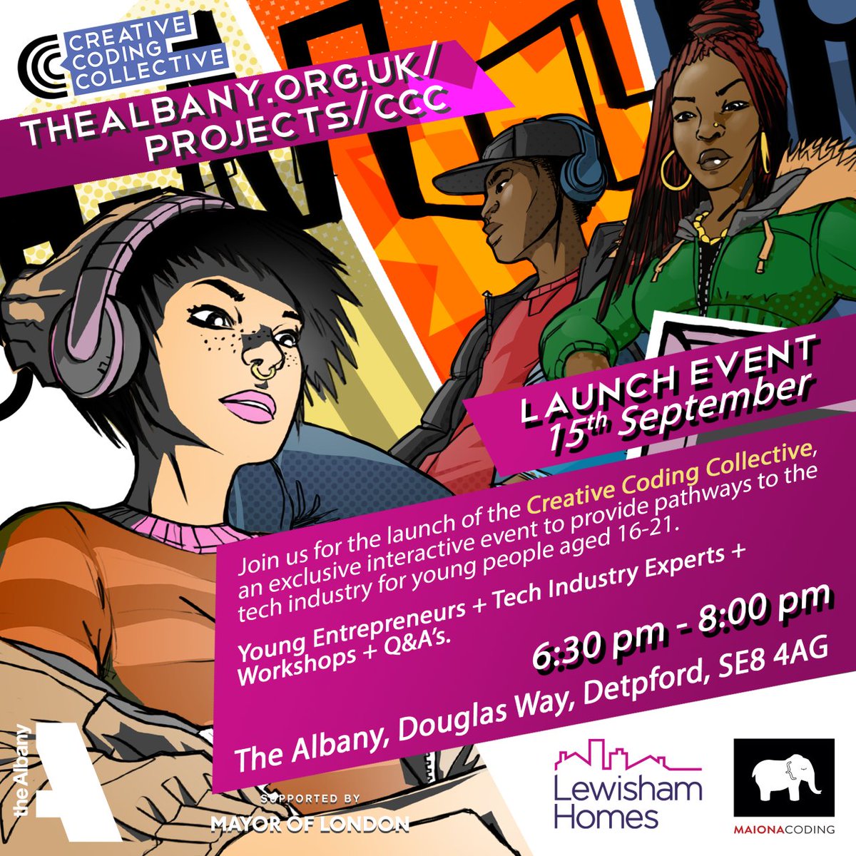 The brilliant <a href="/TheAlbanySE8/">Albany Deptford</a> are recruiting for young people aged 16 -21 to join their Creative Coding Collective. 
Learn new skills, meet new people, and gain employment opportunities. 

Launch event 15th September 6-8pm 

Book now - thealbany.org.uk/projects/ccc/

#actfast #coding