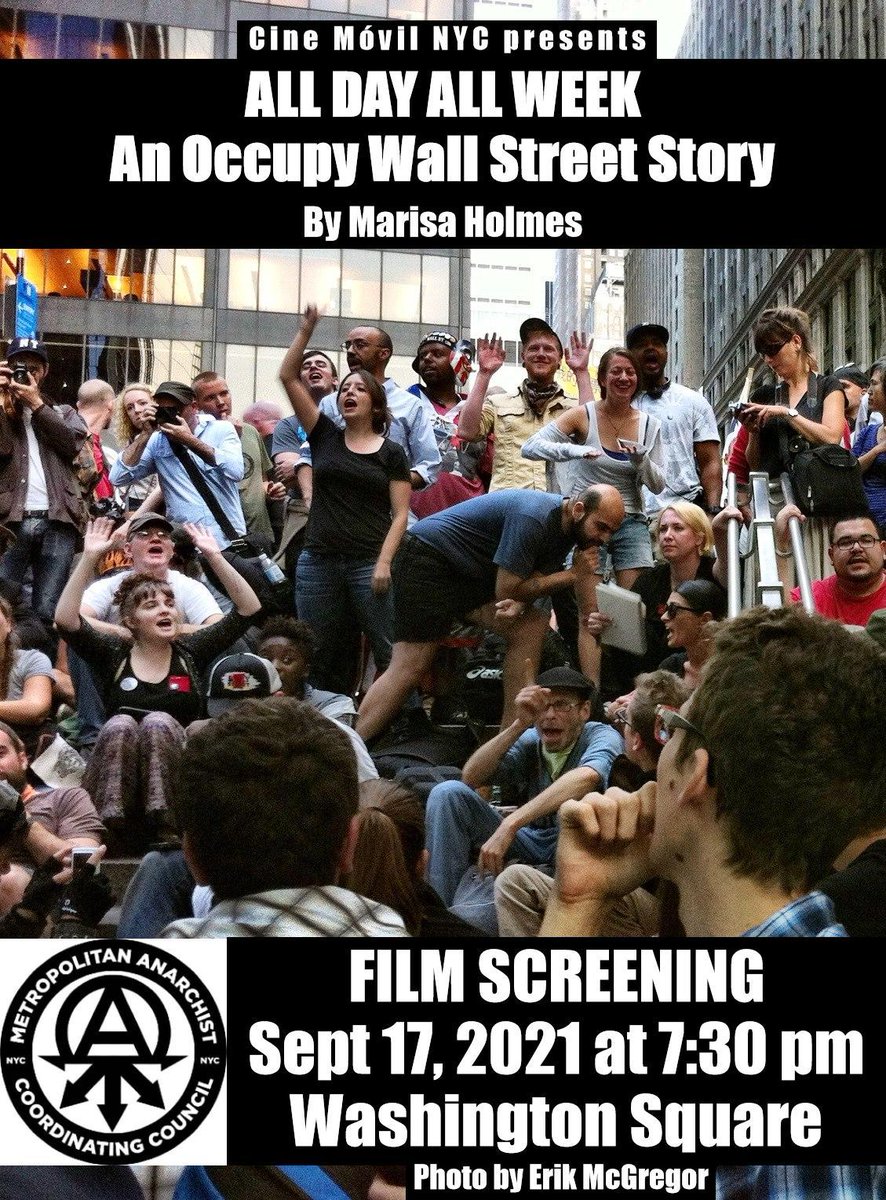 Image of multiracial group of people assembled in Liberty Plaza NYC expressing themselves in words, signs and gestures. Presented by Cine Móvil NYC, "ALL DAY ALL WEEK: an Occupy Wall Street story" by Marisa Holmes. Sept 17th, 2021 at 7:30 pm, Washington Square. Photo by Erik McGregor. 