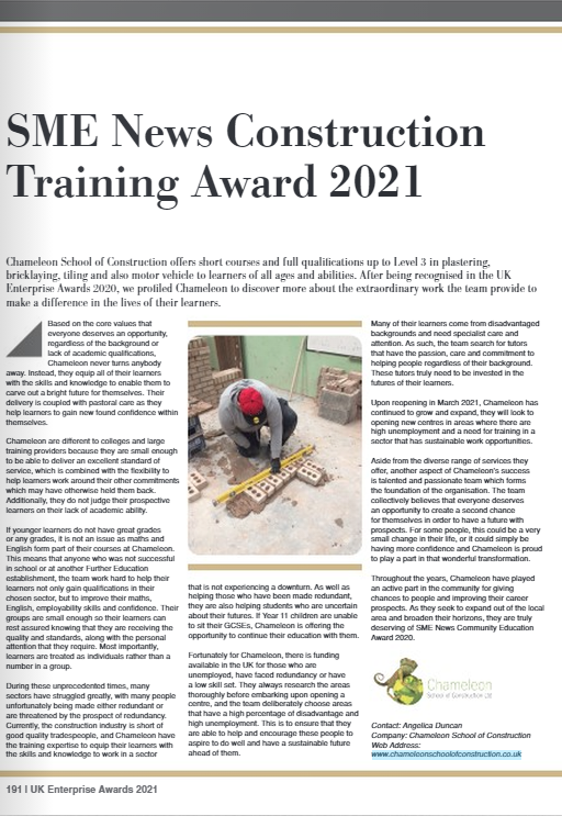 We've made winning start to the new academic year by collecting the SME News magazine Construction Training Awards 2021.  Another lovely looking award for the trophy cabinet, our cleaner will be delighted!