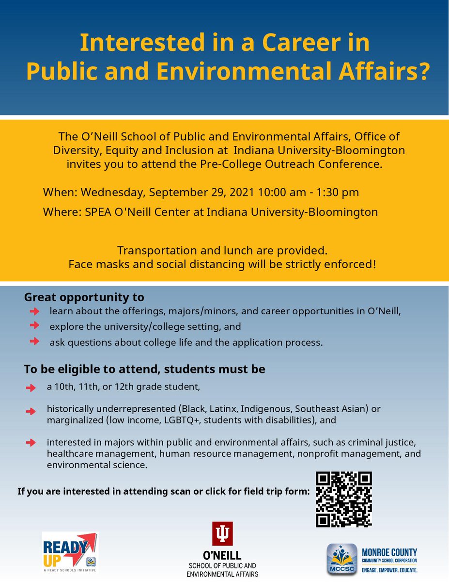 BhssCounseling's tweet image. Attention 10 11 &amp;amp; 12th grade students interested in attending IU.

SPEA if offering a pre-college conference on Wed September 29th from 10:00 to 1:30.  Transportation and lunch will be provided.  See attached flyer for details and application.  See your counselor with questions.