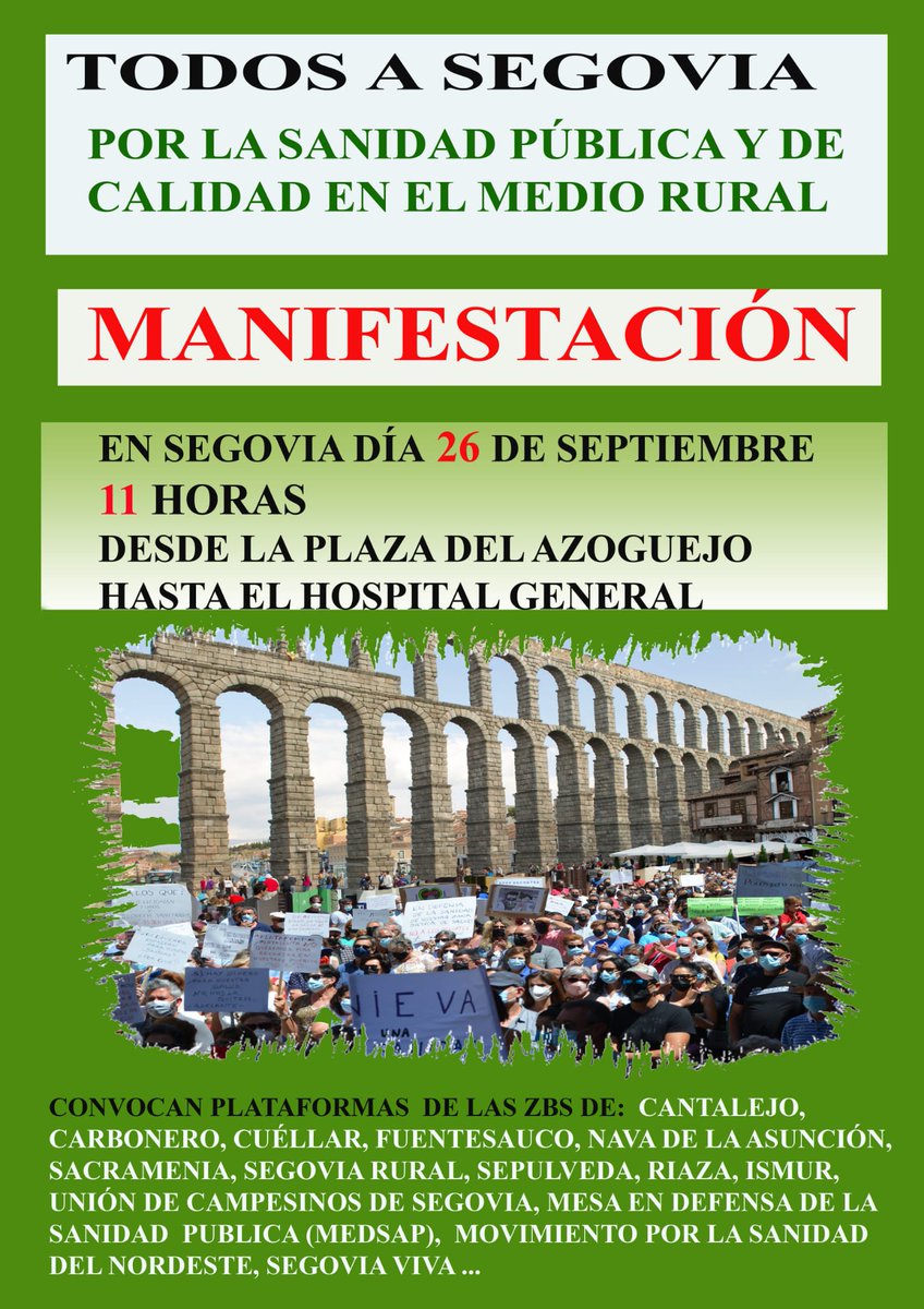 🤝🏻 Las plataformas segovianas estamos unidas y seguimos reivindicando una Sanidad digna para todos.

‼️📢 A toda la ciudadanía de la provincia:

🗓  Domingo 26 de septiembre
🕚 11:00
📍 Segovia (Plaza del Azoguejo - Hospital General)

#SegoviaAUnaConLaSanidad
#SanidadRuralDigna