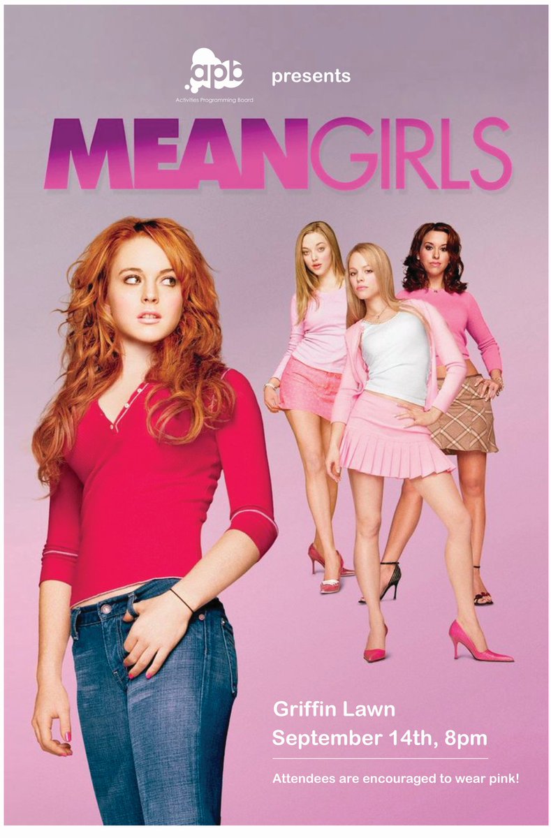 Come out to the Griffin Lawn this Tuesday, Sept 14ᵗʰ @ 8pm for a free showing of 𝘔𝘦𝘢𝘯 𝘎𝘪𝘳𝘭𝘴 and make sure to wear pink!

#NKU #NorseUp #CollegeLife #FreeFun #CampusLife
