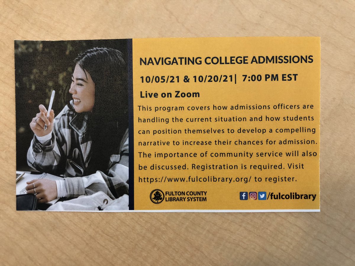 Bookman30022's tweet image. Upcoming college admissions program with @fulcolibrary Hope to see you online to grab some hints and insights.  @AgansPrincipal @miltoneaglespto #MiltonLibrary