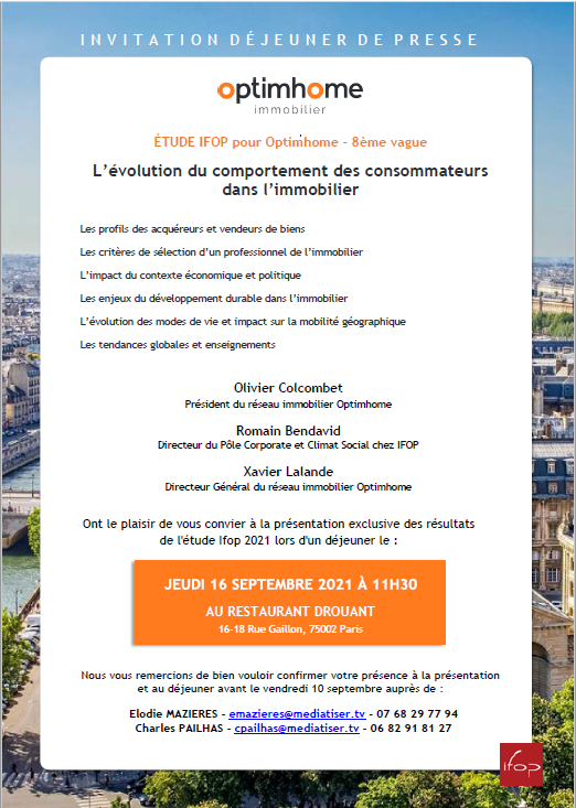 🗣️Romain Bendavid, Directeur de l'Expertise Corporate <a href="/IfopOpinion/">Ifop Opinion</a> interviendra à l'occasion du déjeuner de presse jeudi 16/09 organisé par <a href="/Optimhome/">Optimhome Immobilier</a> pour présenter les résultats de notre étude barométrique sur l'évolution des comportements des consommateurs dans l'#immobilier👇