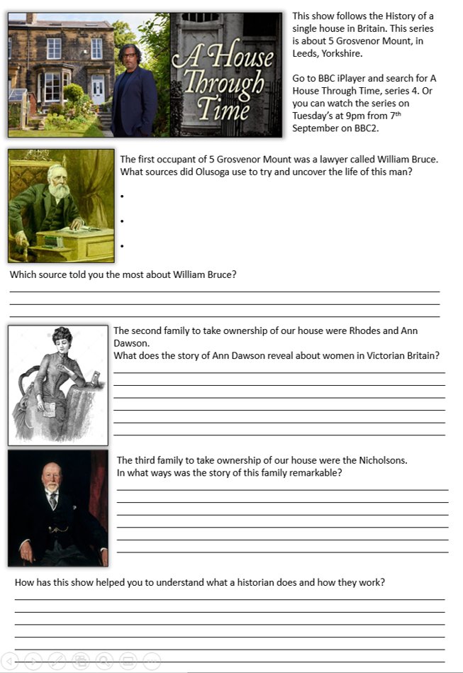 I really love #AHouseThroughTime and thought it would be a great extension home work for our Year 10s to explore the process of History and how historians work so I've mocked up this for pupils to use as they watch it. Hoping for some good results!