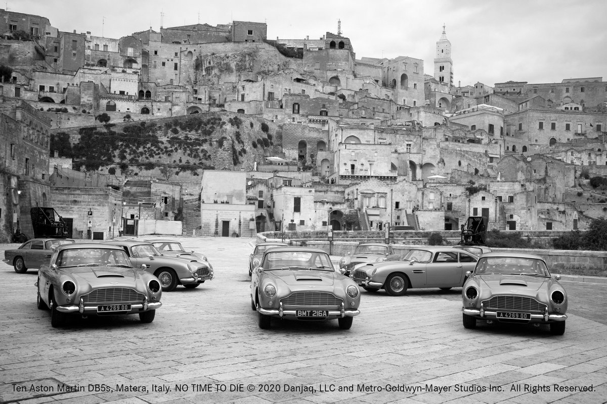 Ten Aston Martin DB5s, Matera, Italy.
 NO TIME TO DIE ©  2020 Danjaq, LLC and Metro-Goldwyn-Mayer Studios Inc.  All Rights Reserved.