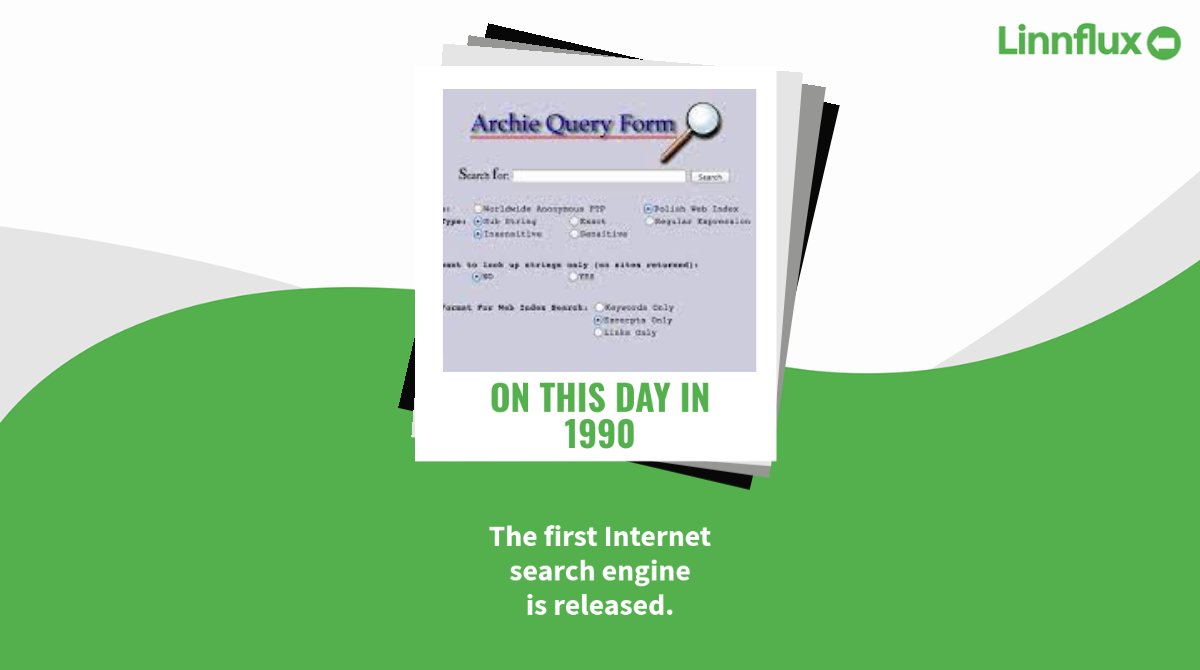 linnflux's tweet photo. #OnThisDay in 1990, the first #Internet #search #engine, #Archie, is released to the public.  It served as an index of #FTP files, and users had to #download the #files before viewing the contents. h/t https://t.co/8OxfbKvVnK #mcgilluniversity https://t.co/2fWcaPoUB2