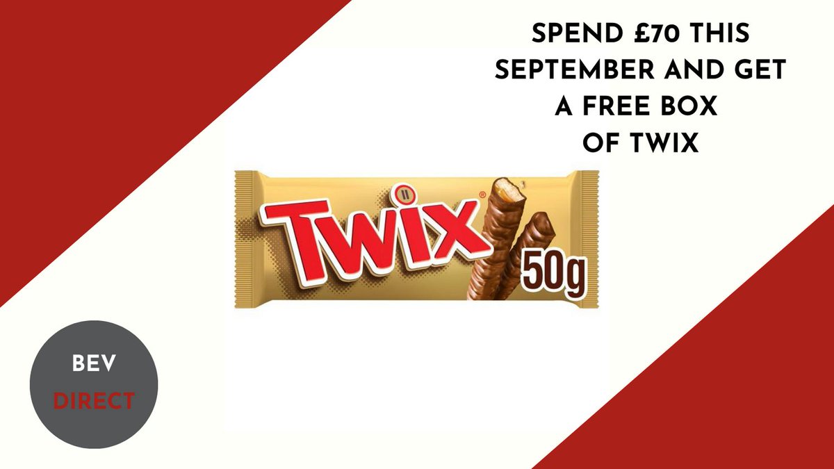 bevdirect's tweet photo. Spend £70 this September and receive a free box of Twix. 
#twix #chocolate #surreybusiness #septemberoffer https://t.co/x8TFgse3d0