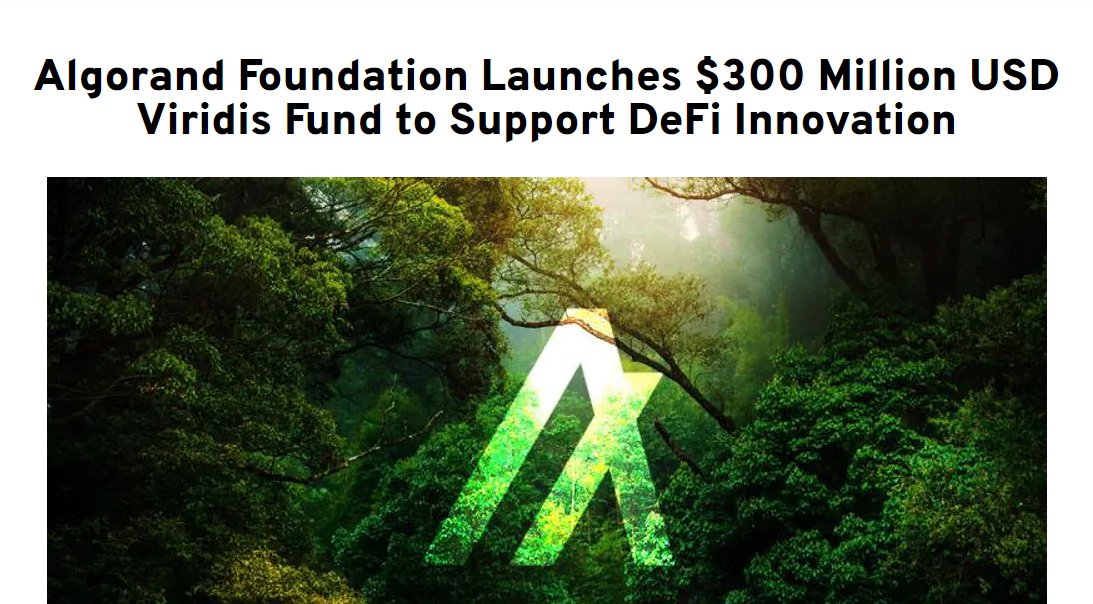 .<a href="/AlgoFoundation/">Algorand Foundation</a> launches $300 million USD Viridis Fund to support #DeFi Innovation. 

This fund will provide 150 Million $Algo to fuel the significant early growth of the #DeFi ecosystem on Algorand.

algorand.foundation/news/viridis