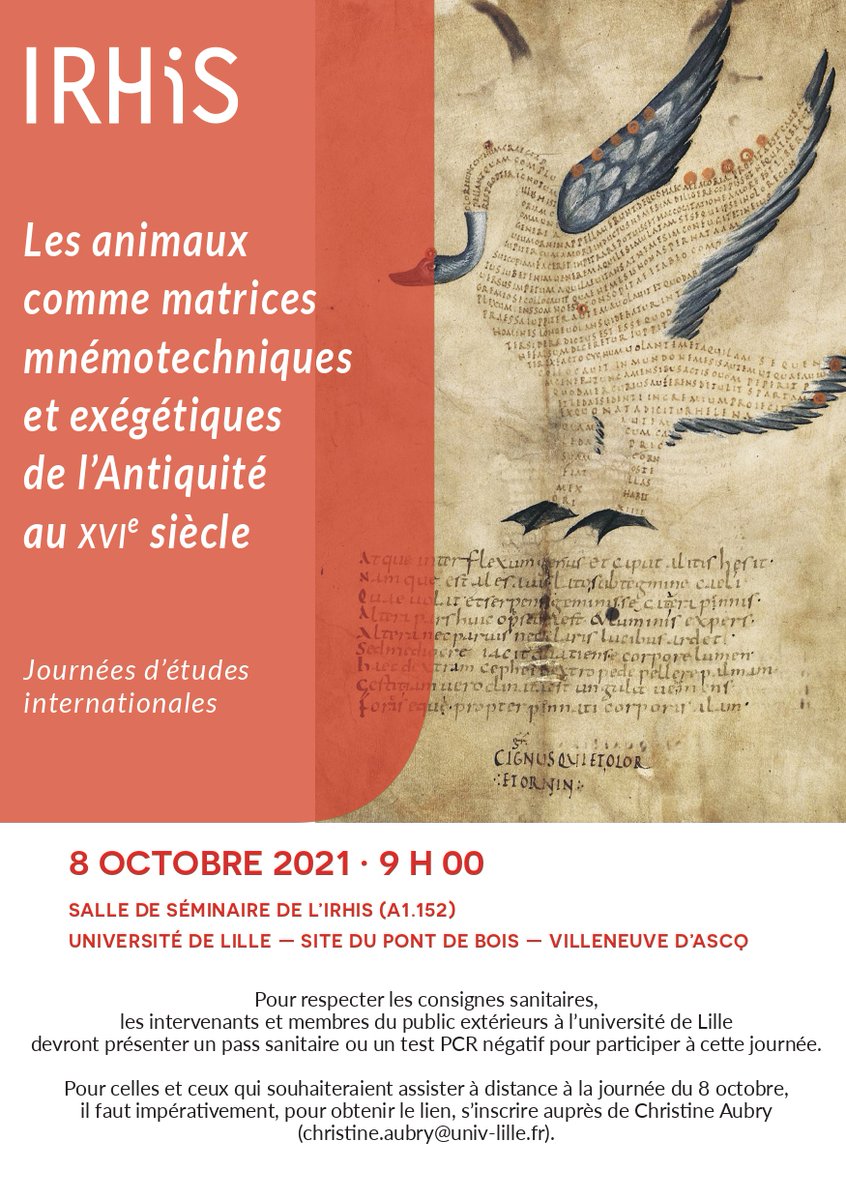 La première des deux journées d'études sur les animaux comme matrices mnémotechniques et exégétiques coorganisées avec <a href="/An_Ferrand/">Angélique Ferrand</a>, Naïs Virenque et Antoine Paris aura lieu le 8 octobre. <a href="/univ_lille/">Université de Lille</a> <a href="/IRHiS_ULille/">IRHiS_ULille</a> <a href="/gemca_ucl/">GEMCA</a> @CESCM_7302