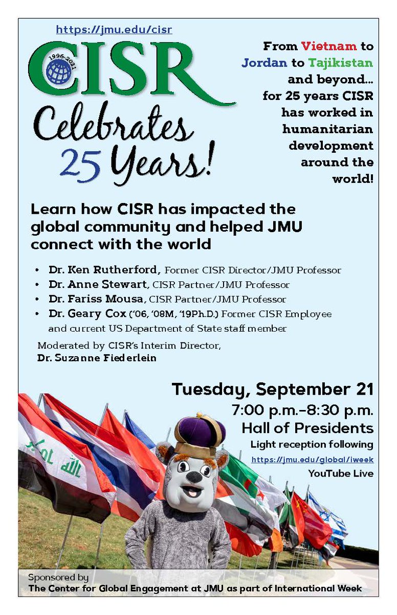 cisrjmu's tweet photo. 🌍From Vietnam to Jordan to Tajikistan and beyond...for 25 years CISR has worked in humanitarian development around the world! 🎉Celebrate our 25th anniversary with us on 9/21. 🎉 https://t.co/j2K77n3ySb #JMU #CISR #IWeek #25YearsoftheJournal https://t.co/BbHQcvUXaM