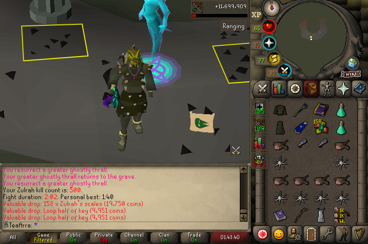 Haven't been on Tea much, but then it took me 5 days to complete an easy quest on my UIM (I'm trash) so I logged in. Managed to get 500 Zulrah KC and a serpentine helm! It's really nice to use, and seeing as I don't need to use lunars now I tried out thralls for the first time😁