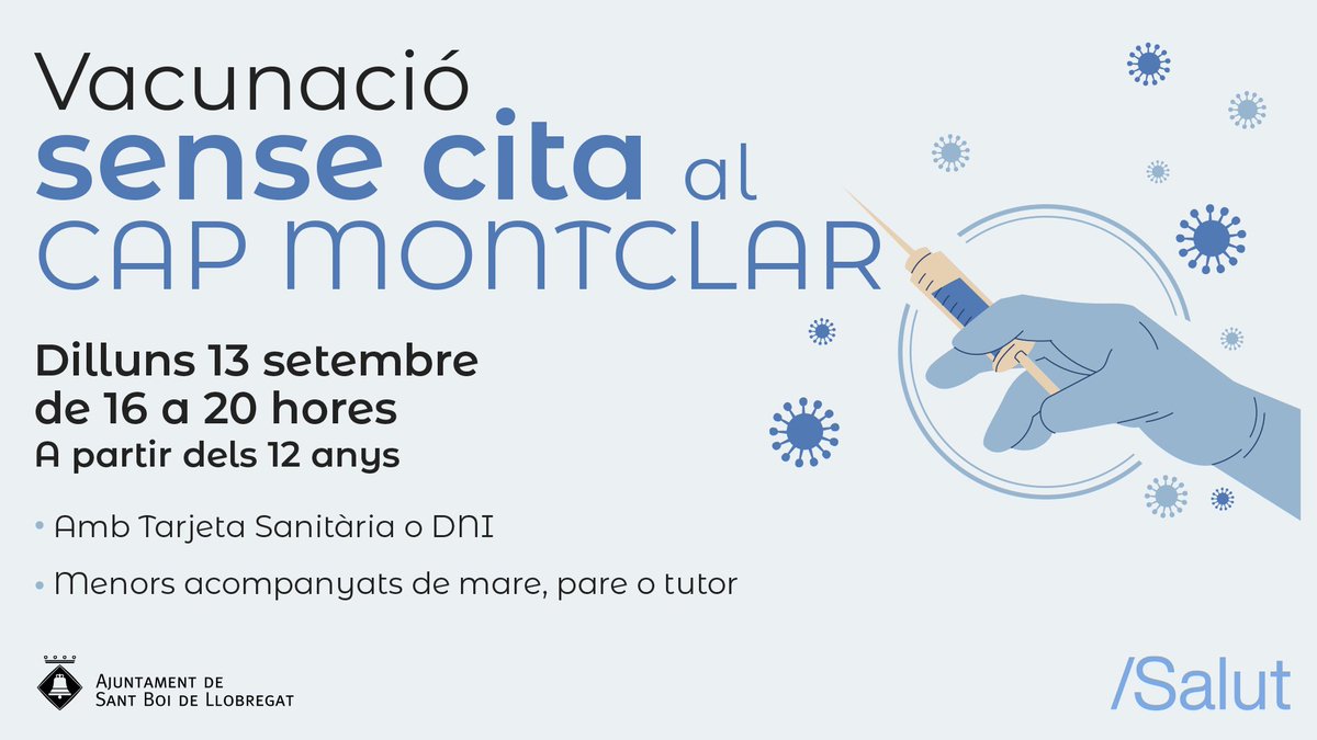 Comença un nou curs escolar en el qual serà especialment important garantir la vacunació dels i les estudiants majors de 12 anys. Aprofiteu la nova jornada de vacunació sense cita que tindrà lloc dilluns 13 (de 16 a 20h) al CAP Montclar. 
👉 bit.ly/3k1KWlU

#SantBoi