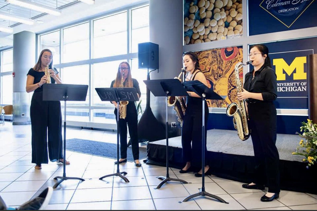 UMichSax's tweet photo. Nice showing at the Mary Sue Coleman Hall dedication event! The former @UMich President is now the namesake of the Life Sciences Building--the University of Michigan's first building named after a woman! #gobluesaxes #Hail ๐ท๐๐ @umichsmtd #Victors https://t.co/YRI4obUOh9