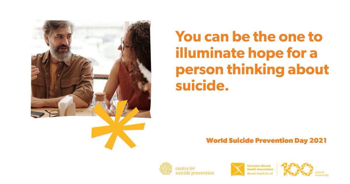 CMHA_MHWorks's tweet photo. Today is #WorldSuicidePreventionDay. You can illuminate hope for a person thinking about suicide. 
👀 Learn to identify someone thinking about suicide
💬 Reach out and have a conversation 
☎ Connect them to help
🧡 Support them moving forward
More info: https://t.co/fBXp8mleua https://t.co/sxxcHLQFmJ