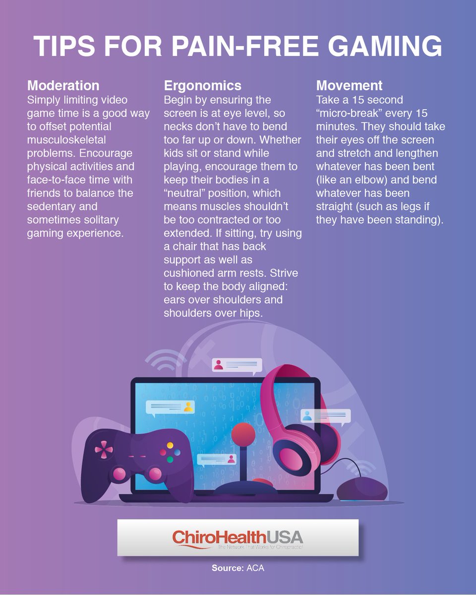 1CHUSA's tweet photo. Got a Gamer? To offset the lack of movement and postural stresses associated with gaming, make some adjustments: https://t.co/kE6tx0xuAZ