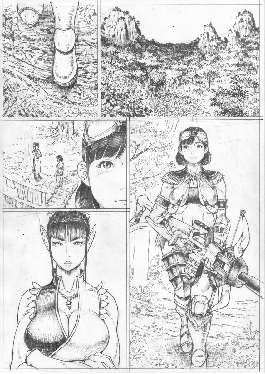 次回作は狩りのシーンこそありませんが、少しでも原作ゲームっぽくなるように頑張っております。線画は3分の2ほど終わりました。相変わらず顔が下手で安定しないので仕上げ時に修正する予定。 