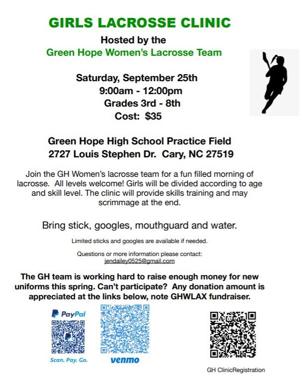 GHHSSports's tweet photo. @GHWlax is hosting a Girls Lacrosse Clinic. Please help our team raise the funds to purchase new uniforms! #WeAreGreenHope https://t.co/ChlQlH7nhZ