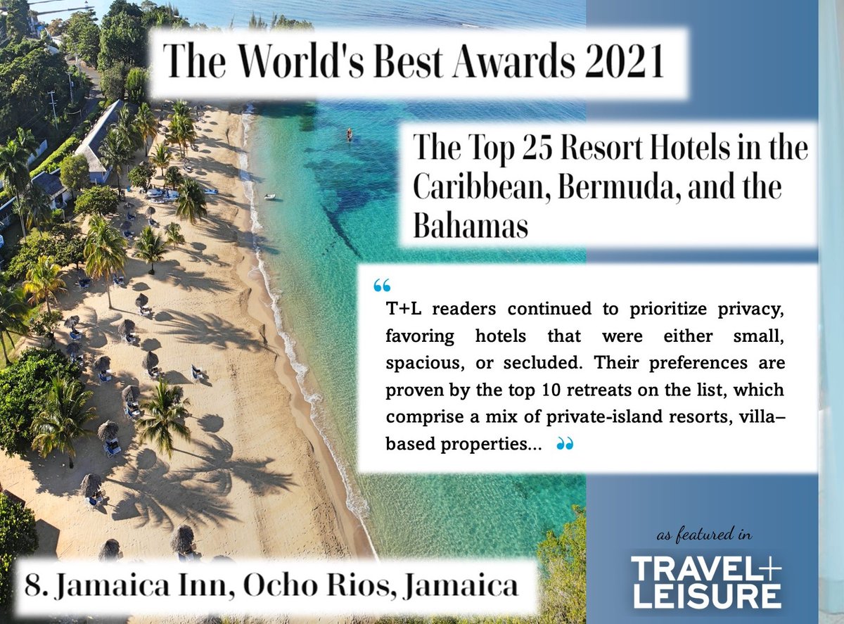 JamaicaInnHotel's tweet photo. We are thrilled to share, #JamaicaInn made the Travel+ Leisure "Top 25 Hotels in the Caribbean, Bermuda, and the Bahamas." Congratulations to our fantastic team and all our Jamaican hoteliers that made the list! @RoundHillResort @TensingPen @HalfMoonJamaica 👏👏#visitja https://t.co/eCl7lPJfwd