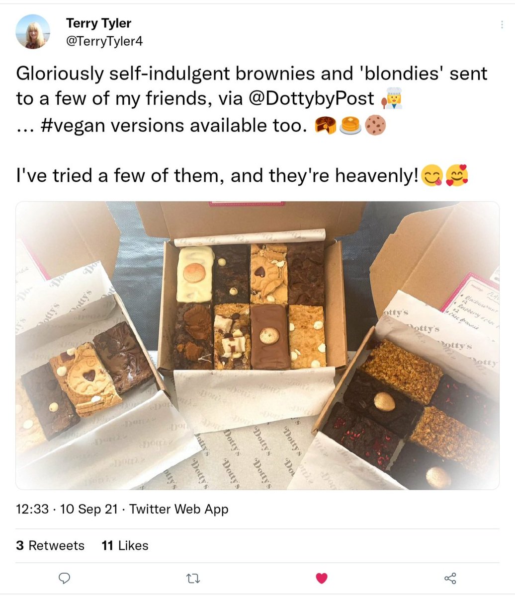 Dottyaboutcake1's tweet photo. Don't just take our word for it - check out what @TerryTyler4 says (she's good with words!). Our #brownies &amp; #blondies are available to be posted to friends &amp; family throughout the UK, or delivered to you in the #DottyMobile if you live in #NorthNorfolk.  😋🍰🚘 https://t.co/46Xwebpzk6