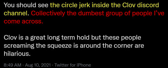 silberschmelzer's tweet photo. I would like to check if you all know that the $CLOV Discord channel is a hornet nest full of greedy scammers and pumpers who try to satisfy unrealistic expectations of delusional #CLOV bagholders who try to get even. #clovsqueeze #Clover_UP https://t.co/ZLFfdOwLRj