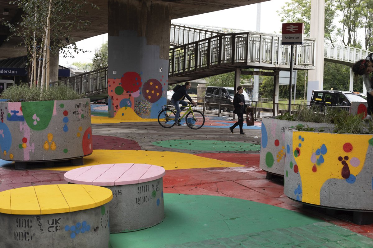 The first of these installations, in collaboration with <a href="/GlasgowCC/">Glasgow City Council</a>, transformed an underpass at the entrance to a railway station with a mural by Gabriella Marcella, that creates colorful wayfinding and a welcoming environment for pedestrians and cyclists. bloombg.org/3A38Y5h