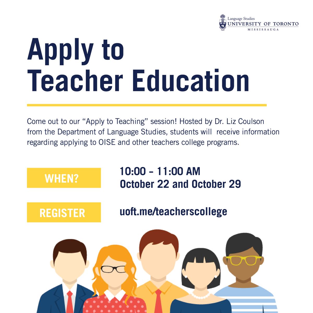 UTMEducation's tweet photo. #UTMEducation Professor Liz Coulson of Education Studies is offering a two-part workshop regarding applying to teachers’ college. These sessions will take place on October 22nd and 29th at 10:00 – 11:00 a.m. on Zoom.
Register @uoft.me/teacherscollege #utmlanguagestudies https://t.co/OBsi3WEIOR
