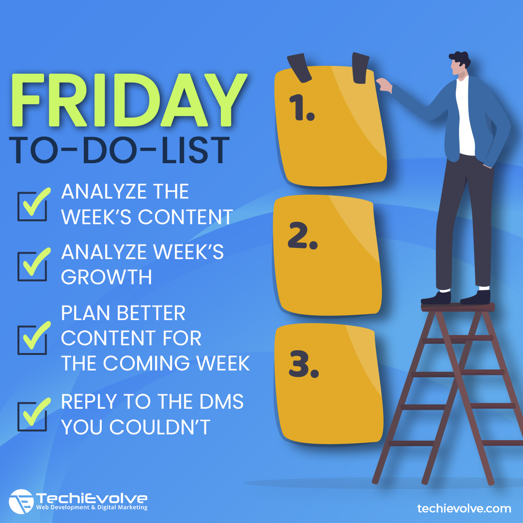 TechiEvolve's tweet photo. Itโs Friday and you are looking forward to the weekend ahead.
Well, it wouldnโt if you have things planned on Friday itself. Hereโs a Friday๐คฉ to-do list for Yโall.
#friday #fridaymood #fridayvibes #techievolve #fridaymotivation #fridayweekend #fridayweekendvibes #todolist https://t.co/CJa3LfUnT1