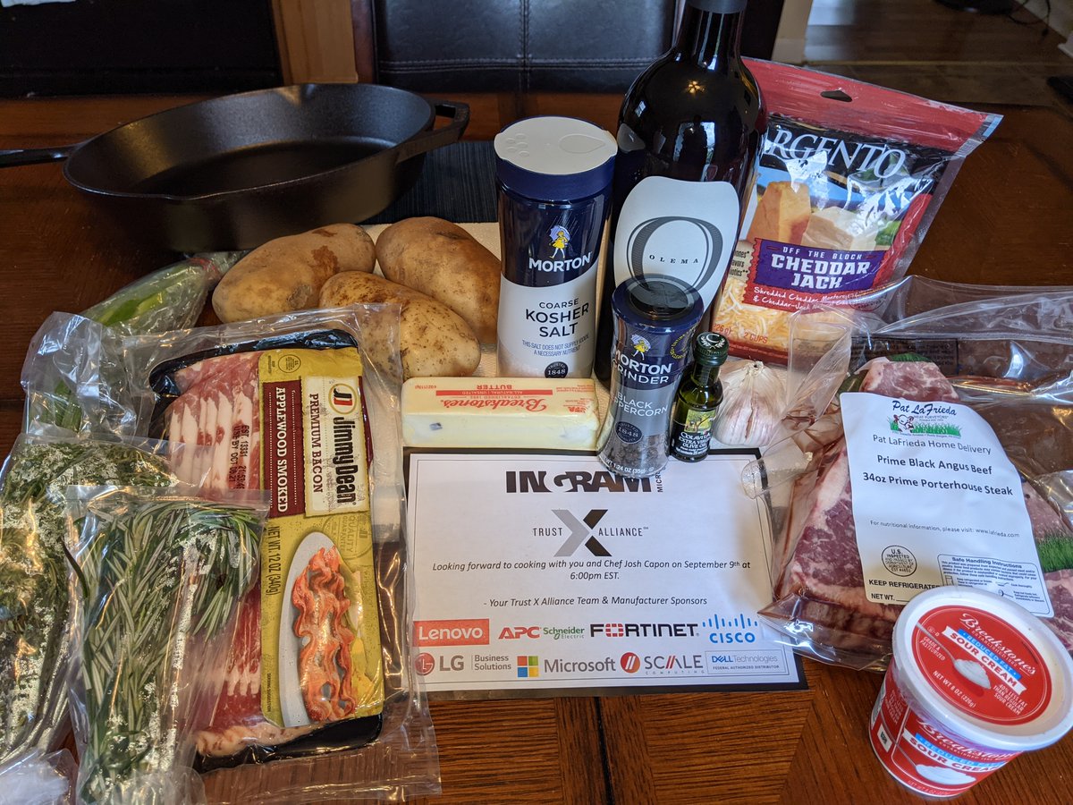 SherriGerrity's tweet photo. Cooked a delicious porterhouse steak and twice baked potato last night with @chefcapon and our @IngramTrustX vendor sponsors and partners! Thank you chef for an awesome event! #TrustXAlliance #IngramMicro @hollym_needles @derekgrochowski https://t.co/8w0vSf6sqI