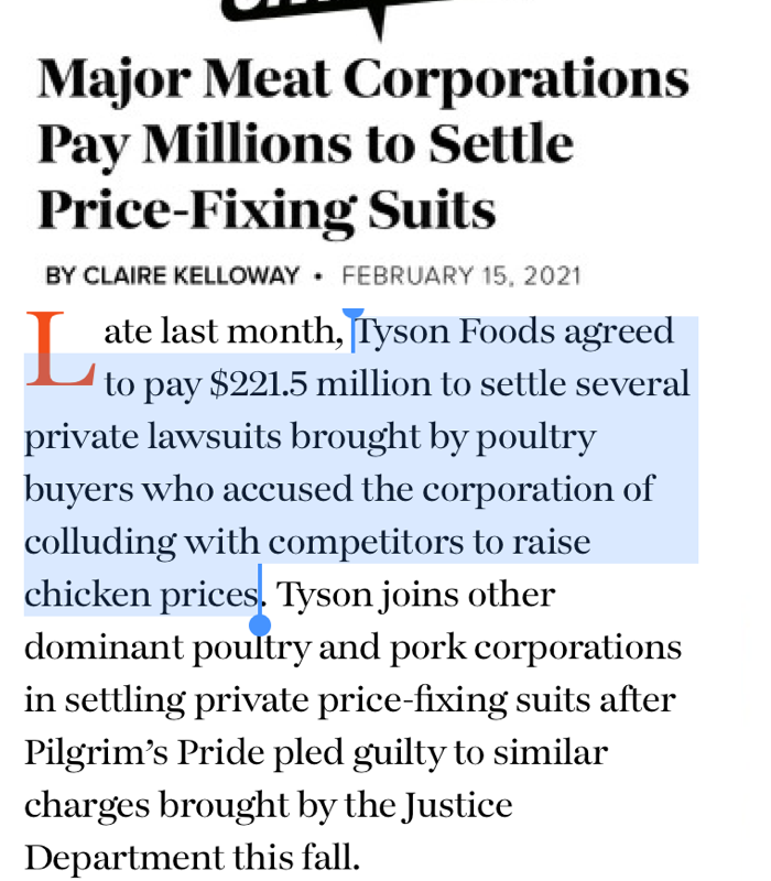 Tyson: Consolidation in meatpacking is not raising prices.

Also Tyson: *pays >$220M to settle price-fixing claims*

civileats.com/2021/02/15/maj…