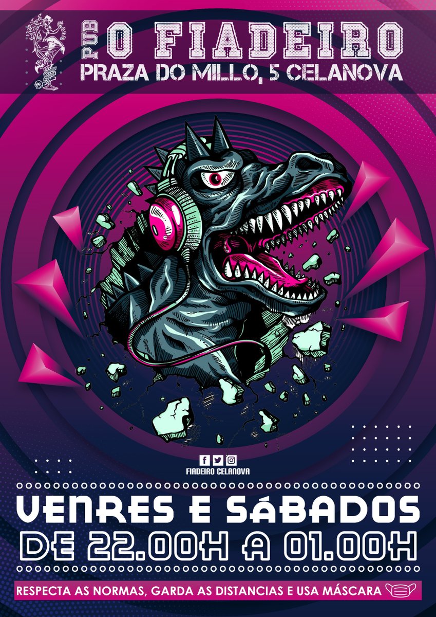 fiadeiro_cela's tweet photo. Saca o monstro festeiro que levas dentro e ven gozar da finde ó @fiadeiro_cela  !!🦖🥳

🟢 Abrimos venres e sábados, dende as 22:00 ata a 01:00 🍻🍹🎉

🟡 RECORDA, tanto no exterior como no interior do local  #Sentidiño, respecta as normas, garda as distancias e usa máscara 😷🙂 https://t.co/Py3GkrgUIy