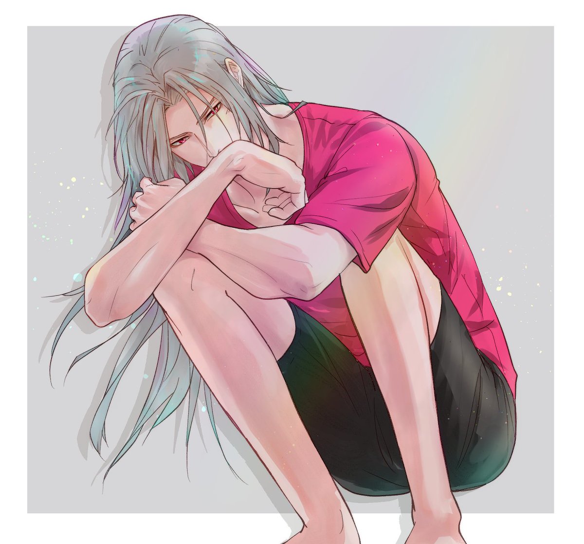 long hair male focus 1boy solo shirt grey hair black shorts  illustration images