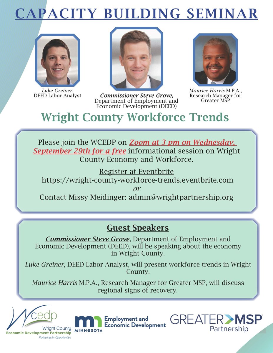 WCEDPartnership's tweet photo. 👋 Hey there! Join Us on ZOOM to learn more about Workforce Trends in Wright County Looks Right Now?

📆 Save The Date &amp; Join Us September 29th at 3pm on ZOOM!

https://t.co/8U3622EWw9 https://t.co/69uJzlE5Fm