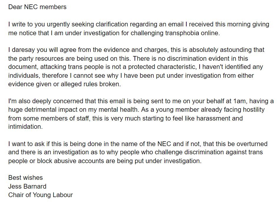 owenjonesjourno's tweet image. This is not a joke, but deadly serious. 

The Labour Party have officially placed @YoungLabour chair @JessicaLBarnard under investigation - for opposing transphobia. 

Here is her letter sent to NEC members - passed to me - and here are the tweets she’s being investigated for.