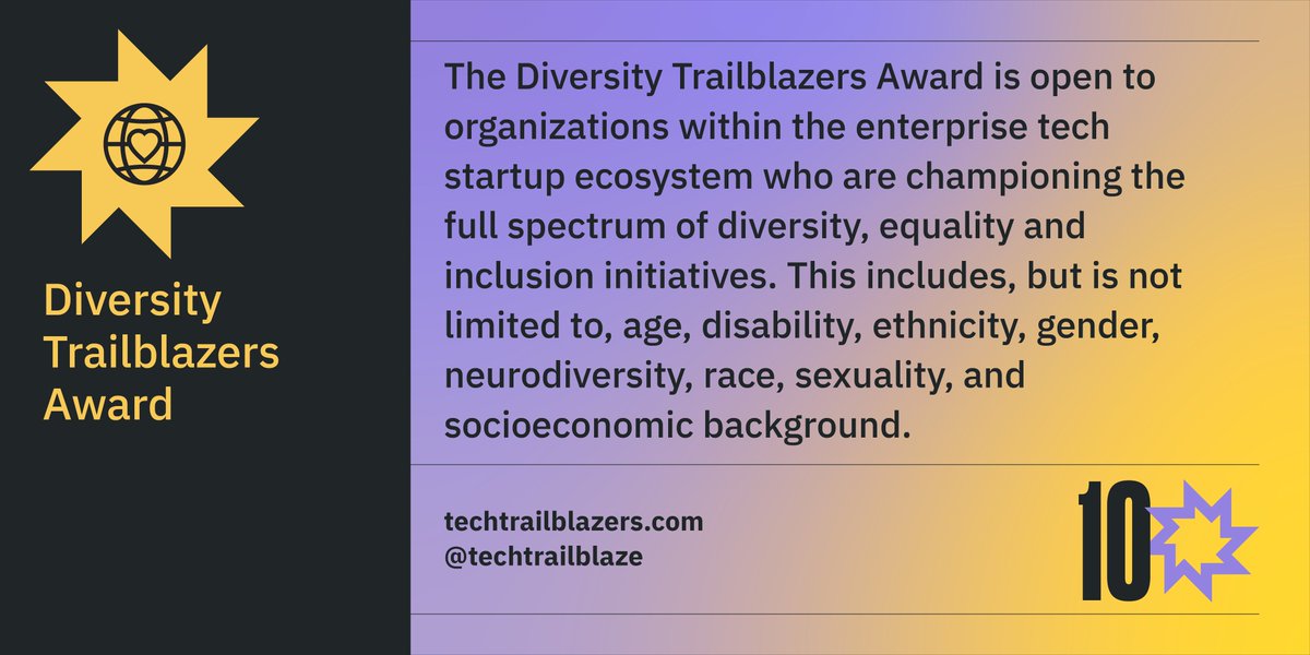 This year, we’re looking for #techstartups &amp; other Cos  championing #diversity #equality #inclusion in our new Diversity category. 

Are you a going above and beyond for #DEI ? Remember - #VCs #banks #accelerators are eligible bit.ly/3r3Ol5g 

#enterpriseIT #techawards