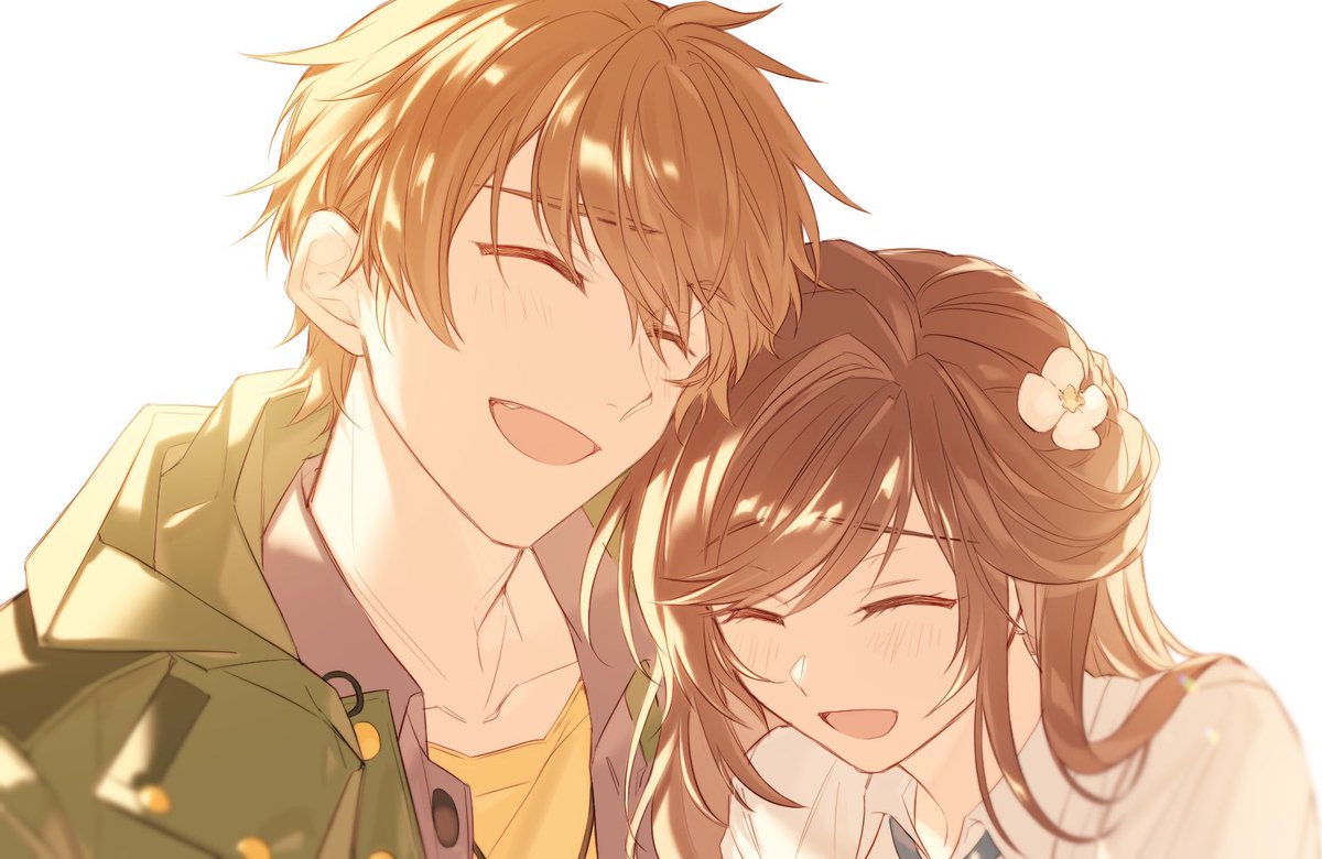 1girl brown hair 1boy open mouth smile jacket closed eyes  illustration images